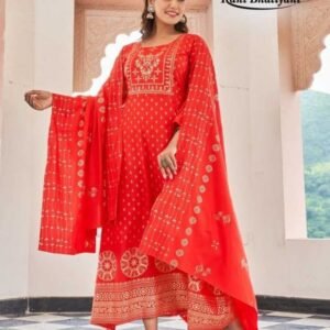 Studio Vol 1 Orange Foil Printed Rayon Kurtis With Dupatta
