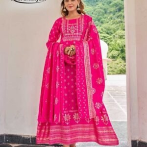 Studio Vol 1 Pink Foil Printed Rayon Kurtis With Dupatta