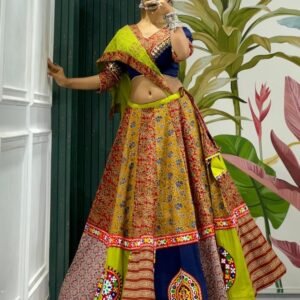Stunning Ajrakh Blue 8 Meter Flair Lehenga For Navratri