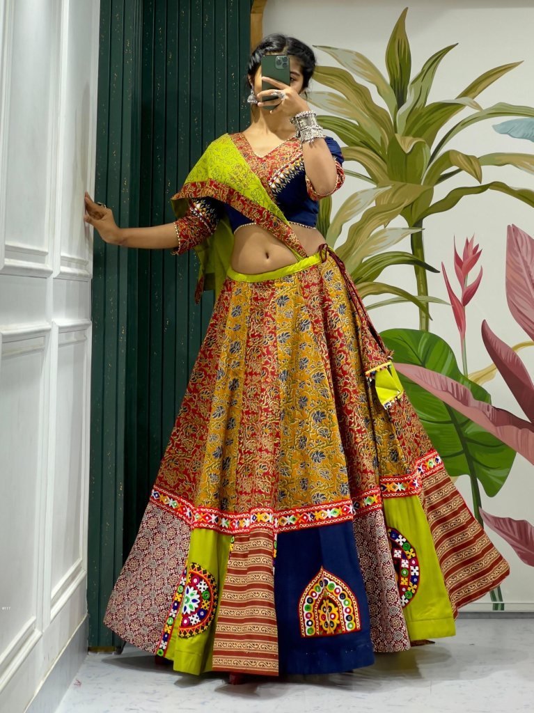 stunning ajrakh blue 8 meter l 1748869954 Stunning Ajrakh Blue 8 Meter Flair Lehenga For Navratri