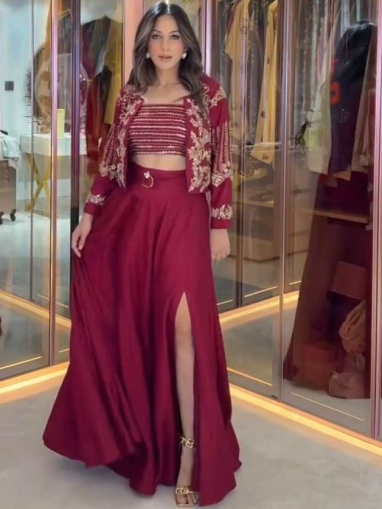 stunning cherry red chinon sil 1739191592 Stunning Cherry Red Chinon Silk Fancy Lehenga Choli With Koti