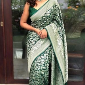 Stunning Green Silver Zari Work Bnarasi Soft Silk Saree with Blouse