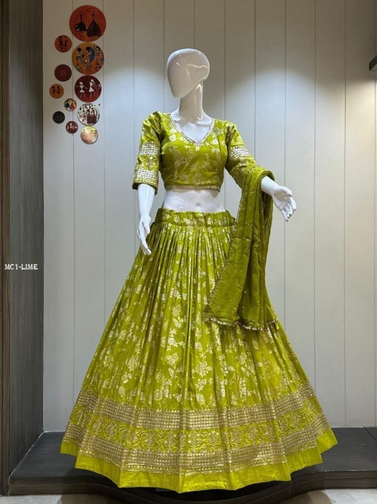 stunning lime green dola silk 1765274596 Stunning Lime Green Dola Silk lehenga Choli