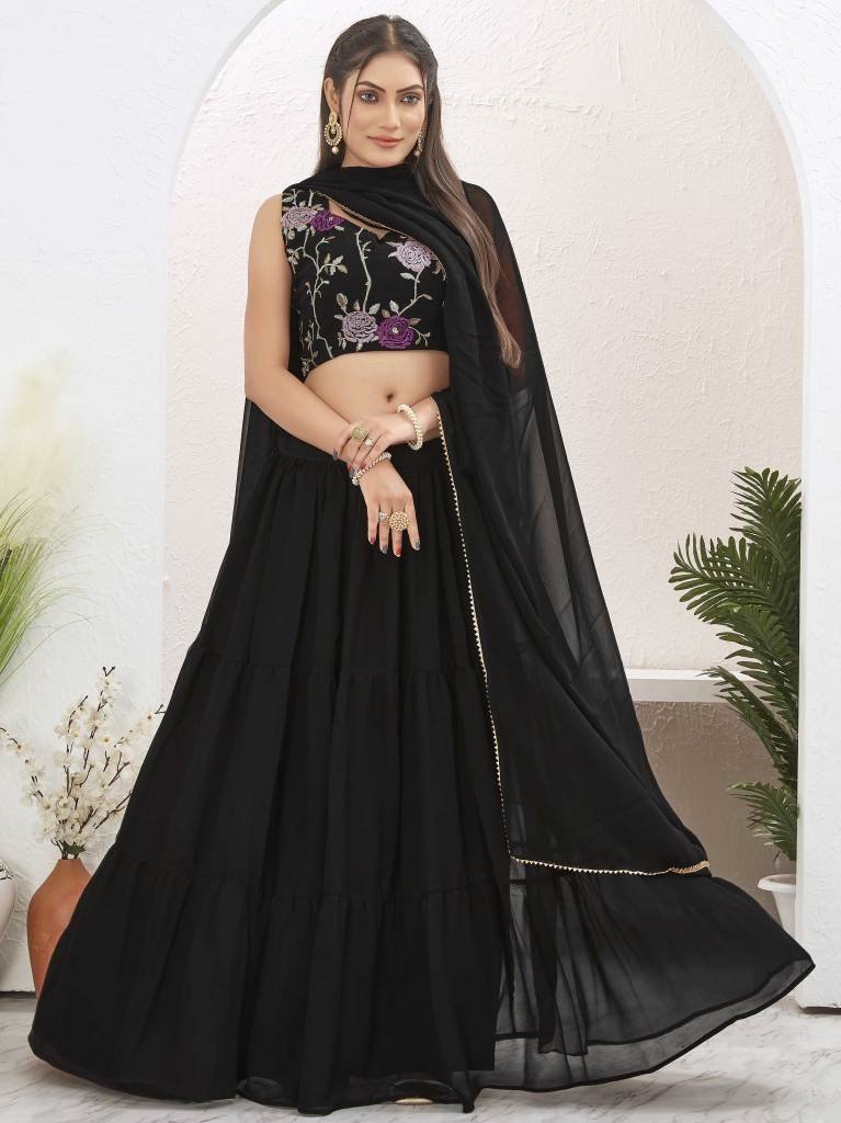 stunning plain georgette black 1713954762 Stunning Plain Georgette Black Lehenga with Embroidered Stitched Blouse