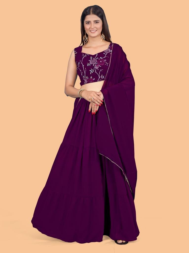 stunning plain georgette wine 1713955264 Stunning Plain Georgette Wine Lehenga with Embroidered Stitched Blouse