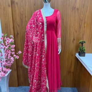 Stunning Rani Pink Georgette Gown With Heavy Dupatta