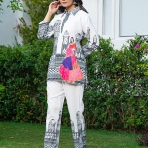 Stylish Abstract Printed Coord Set In White Muslin Silk