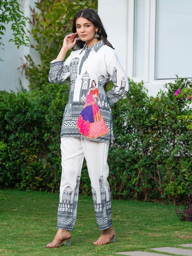 stylish abstract printed co or 1748699199 Stylish Abstract Printed Coord Set In White Muslin Silk