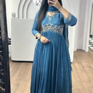 Stylish Chinon Silk Blue Gown