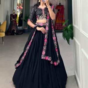 Stylish Georgette Sequence and Embroidered Work Black Lehenga Choli