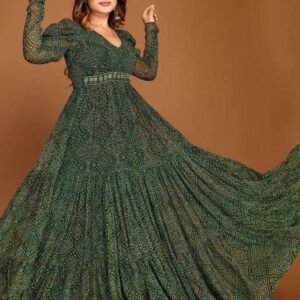 Stylish Georgette Green Bandhani Gown with Belt