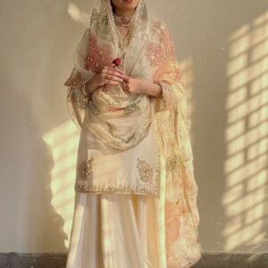 Stylish Heavy Chinon Embroidered Work White Gharara Suit