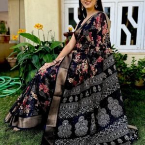 Stylish Ladies Black Beautiful Flower Printed Saree