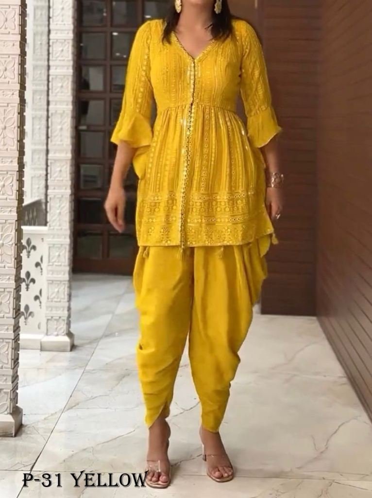 stylish navratri special yello 1718358691 Stylish Navratri Special Yellow Dhoti With Top Pair for Ladies