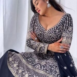 Stylish Navy Blue Sequence And Embroidery Top With Lehenga