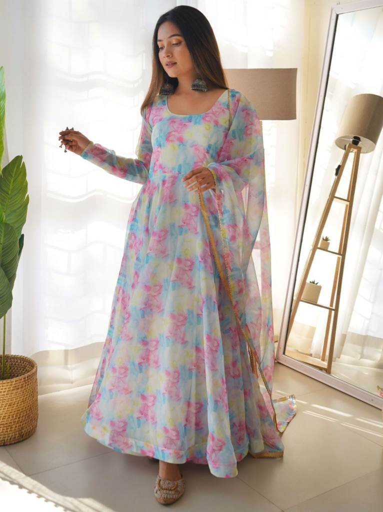 stylish organza taby silk digi 1712290262 Stylish Organza Taby Silk Digital Print Gown with Bottom and Dupatta Set
