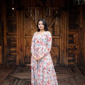 Stylish Party Flower Printed Long Sleeve Gown For Women