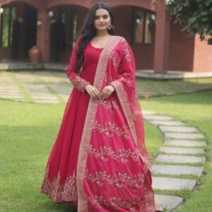 Stylish Pink Embroidery Gown With Dupatta