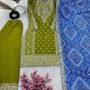 Stylish Pure Chinon Silk Mehendi Suit Set