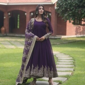 Stylish Purple Embroidery Gown With Dupatta