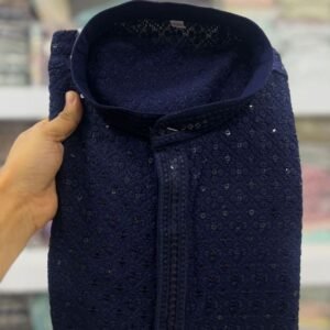 Stylish Rayon Chikan Work Nevy Blue Kurta With Pyjama