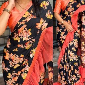 Stylish Silk Crepe Ruffle Printed Orange Saree