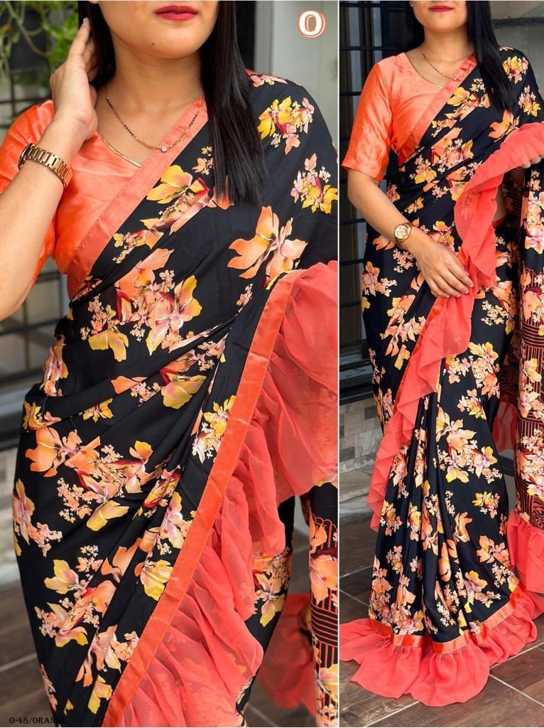 stylish silk crepe printed ora 1723282806 Stylish Silk Crepe Ruffle Printed Orange Saree
