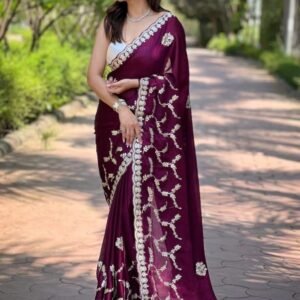 Stylish Soft Satin Wine Saree