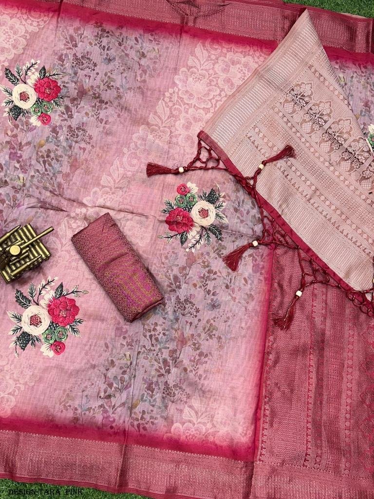 stylish tara design pink saree 1717221923 Trendy Tara Catalog Satin Jacquard Rama Saree