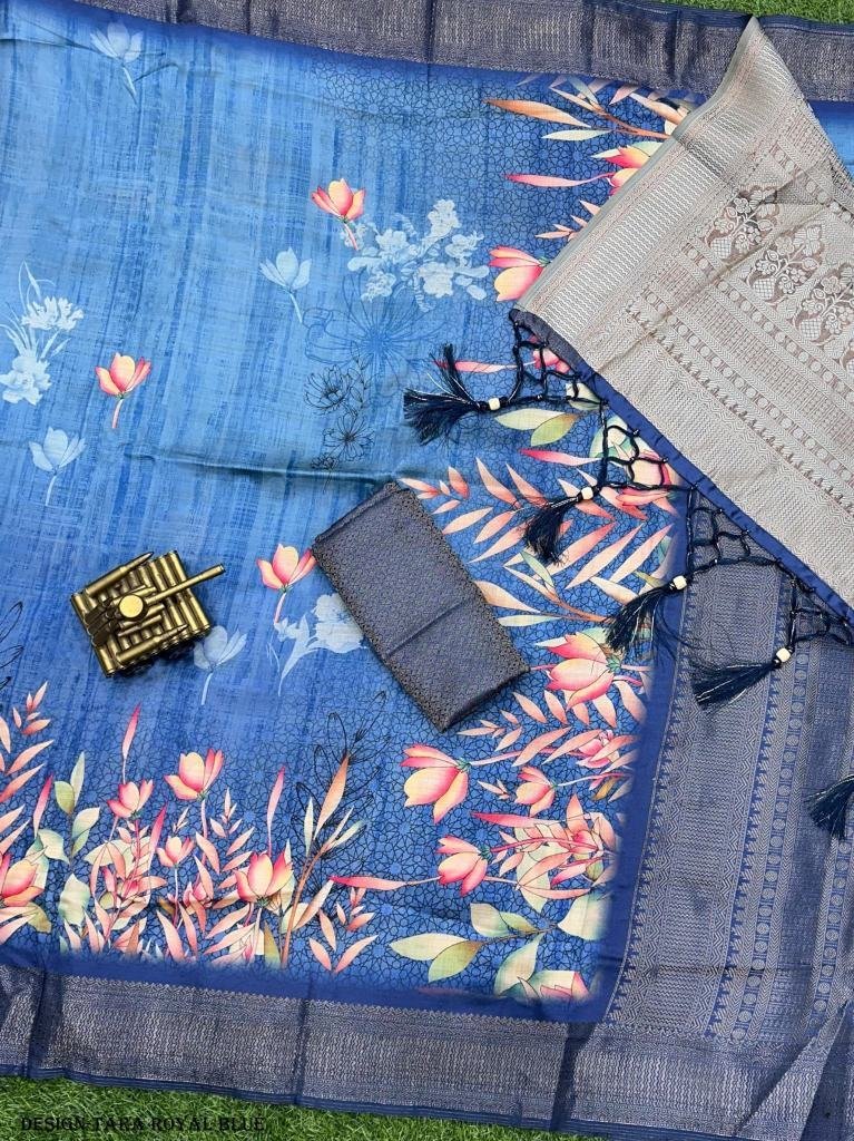 stylish tara design royal blue 1717222200 Trendy Tara Catalog Satin Jacquard Royal Blue Saree