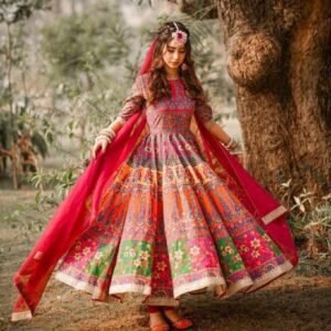 Summer special designer digital printed Anarkali gown with fancy lace
