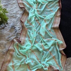 Summer Special Pure Georgette Silk Embroidered Light Bottle Green Saree
