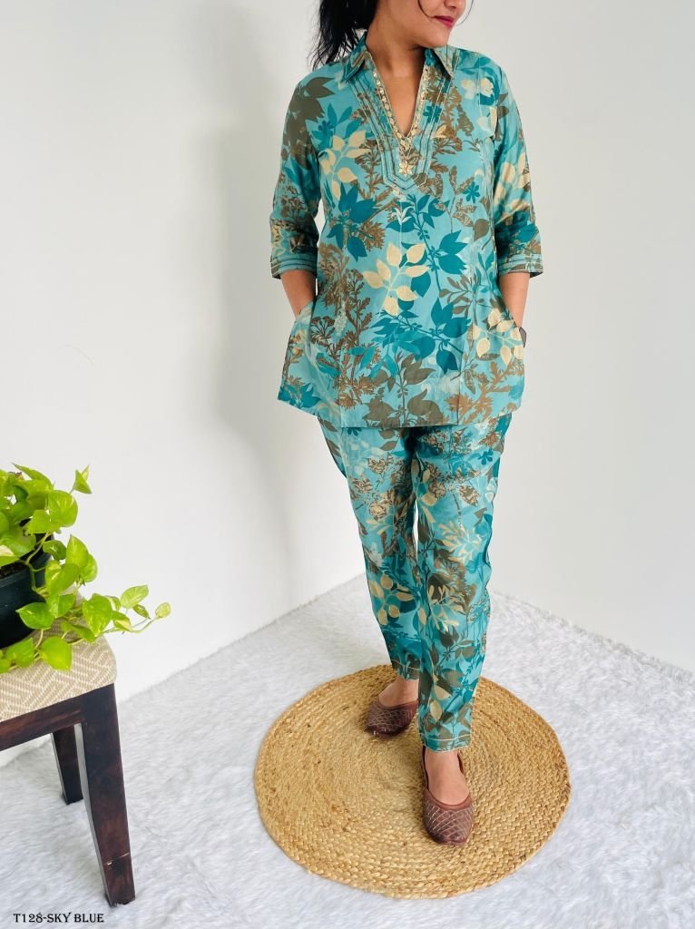 summer special sky blue pure c 1719059248 Summer Special Sky Blue Pure Cotton Co Ord Set With Mirror Work