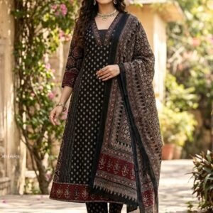 Summer Wear Black Print Kurti Pant Set With Elegant Dupatta