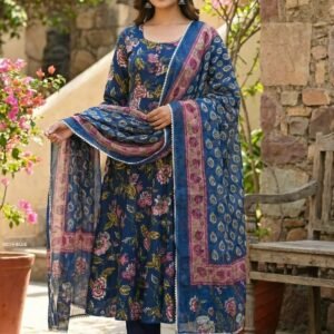 Summer Wear Blue Floral Print Rayon Kurti Pant Set