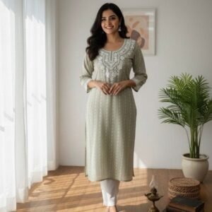 Summer Wear Khadi Cotton Kurti Set With Embroidery Work