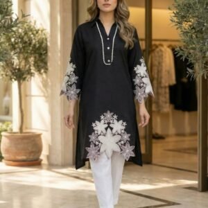 Summer Wear Rayon Black Kurti With Embroidered