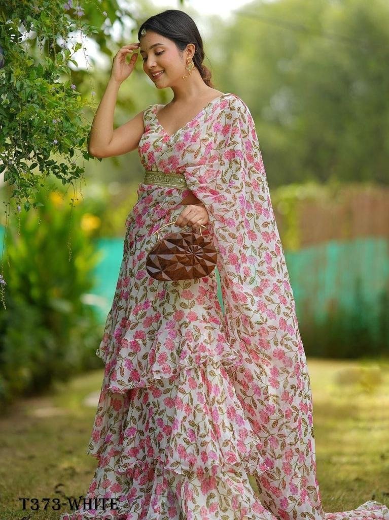supar hit white flower print g 1725613693 Supar Hit White Flower Print Georgette Readymade Lehenga Saree