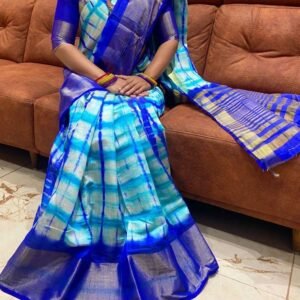 Super Hit Blue Shibori Printed Dola Silk Saree