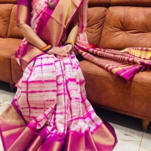 Super Hit Pink Shibori Printed Dola Silk Saree