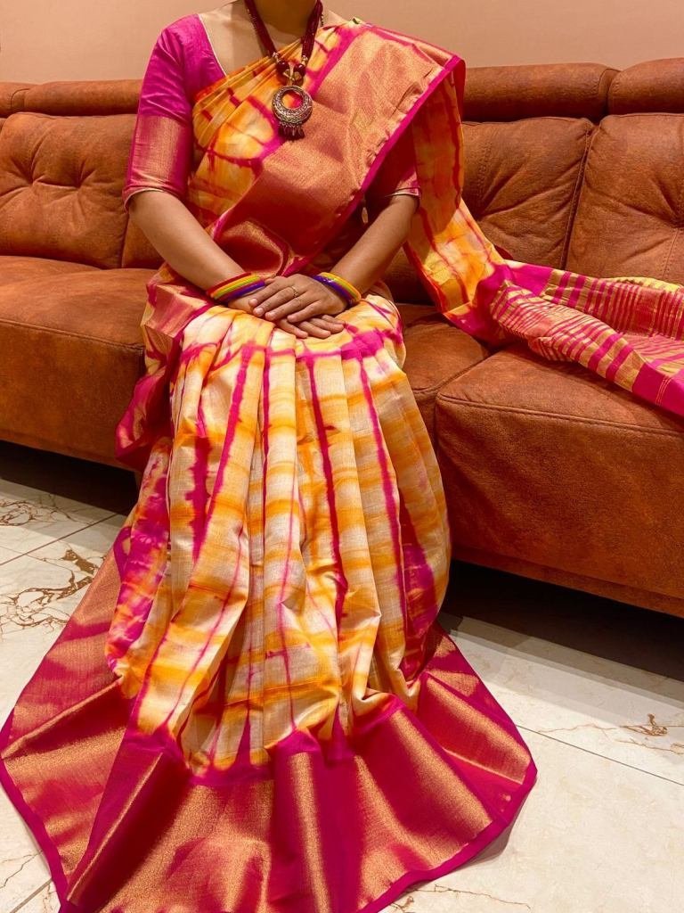 super hit purple shibori print 1728035875 Super Hit Purple Shibori Printed Dola Silk Saree