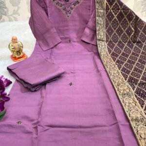 Smart Ladies Lavender Neck Hand Work Pure Muslin Kurtis