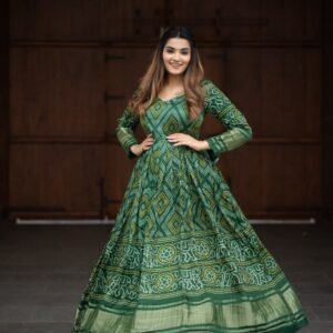 Hot Arrival Green Bandhej Printed Pure Gajji Silk Gown