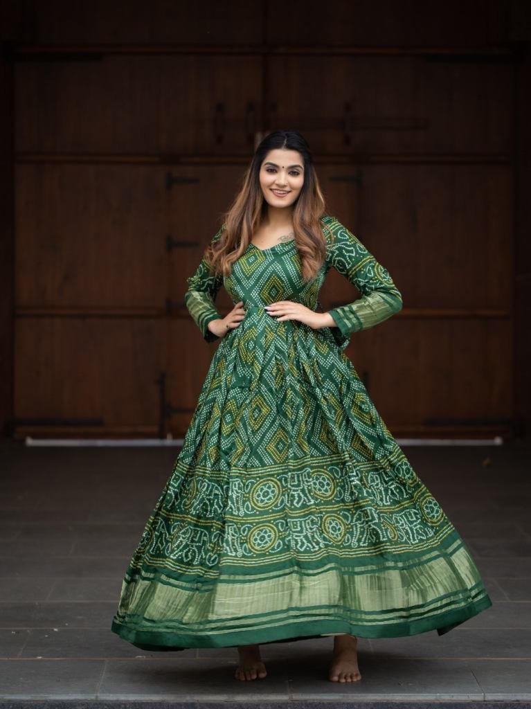 superb tranding green bandhej 1732105800 Hot Arrival Green Bandhej Printed Pure Gajji Silk Gown