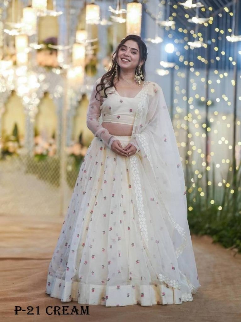 tabby organza cream lotus lehe 1718343145 Tabby Organza Cream Lotus Lehenga Choli With Dupatta