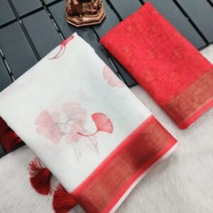 Tapasya Red Heavy Digital Printed Linen Saree