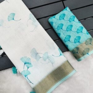 Tapasya Teal Heavy Digital Printed Linen Saree
