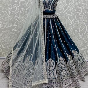 Teal Blue Colour Silk Fabric Moti Handwork Wedding Lehenga