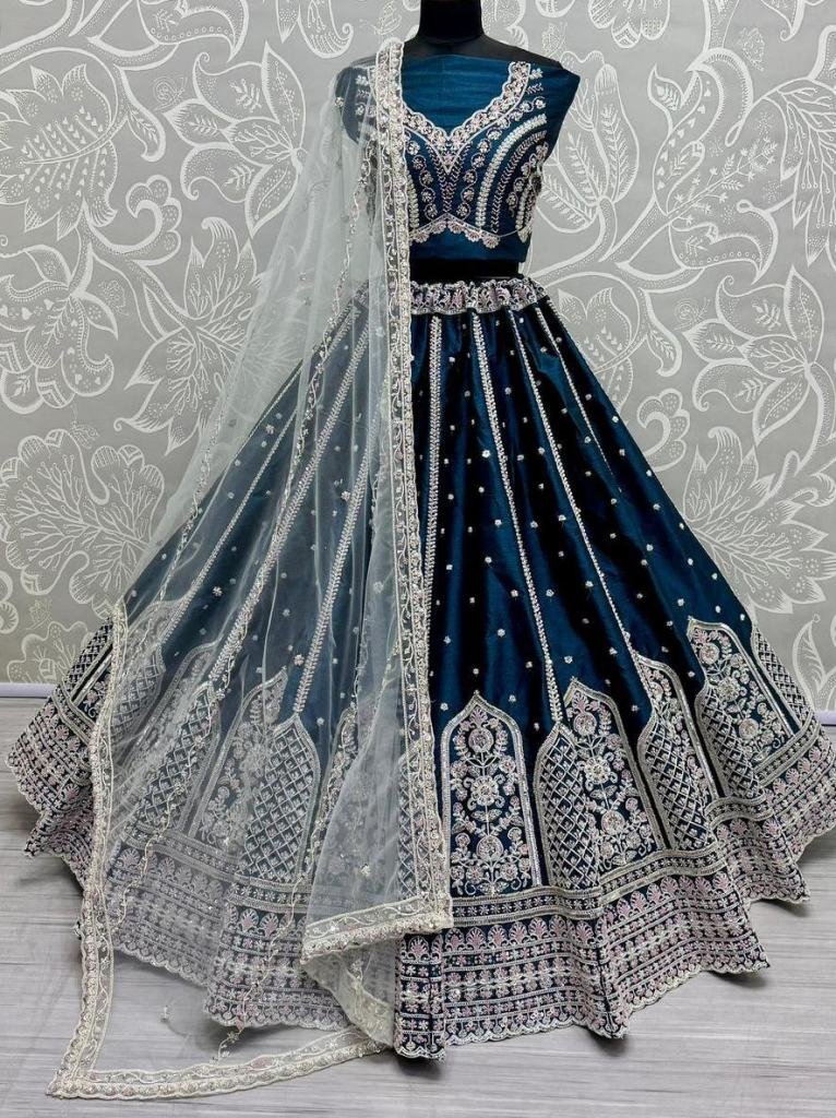teal blue colour silk fabric m 1737637230 Teal Blue Colour Silk Fabric Moti Handwork Wedding Lehenga