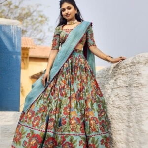 Teal Blue Festival Wear Chinon Kalamkari Printed Lehenga Choli